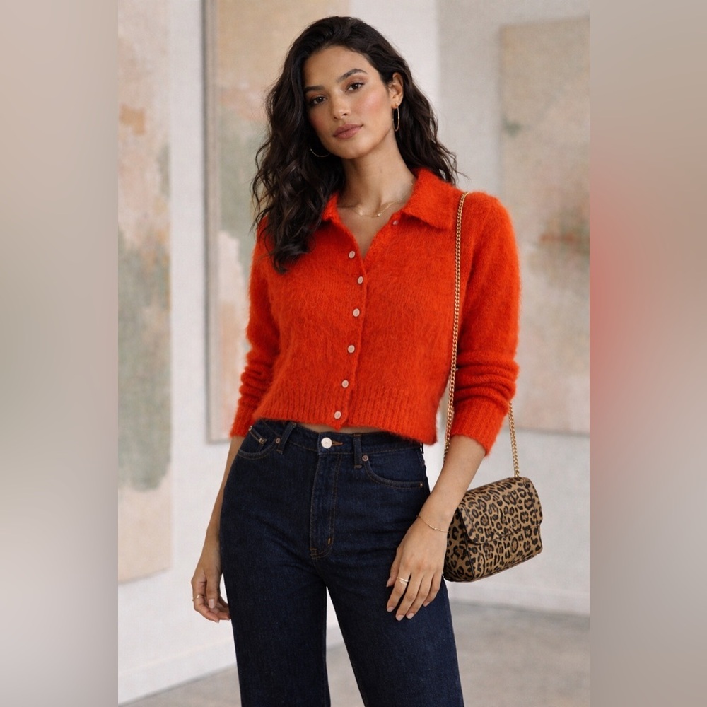 NWT ALLSAINTS Lava Red Alpaca Blend Cropped Cardigan, Size M